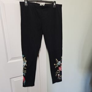 Johnny Was Embroidered Cropped Cotton Leggings Black Multi Sz L NWT